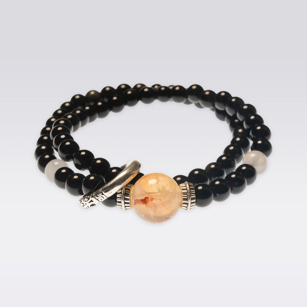 Protection & Wealth-Double Wrap Gray Moonstone &Black Agate Buddha Stone Bracelet - Image 3