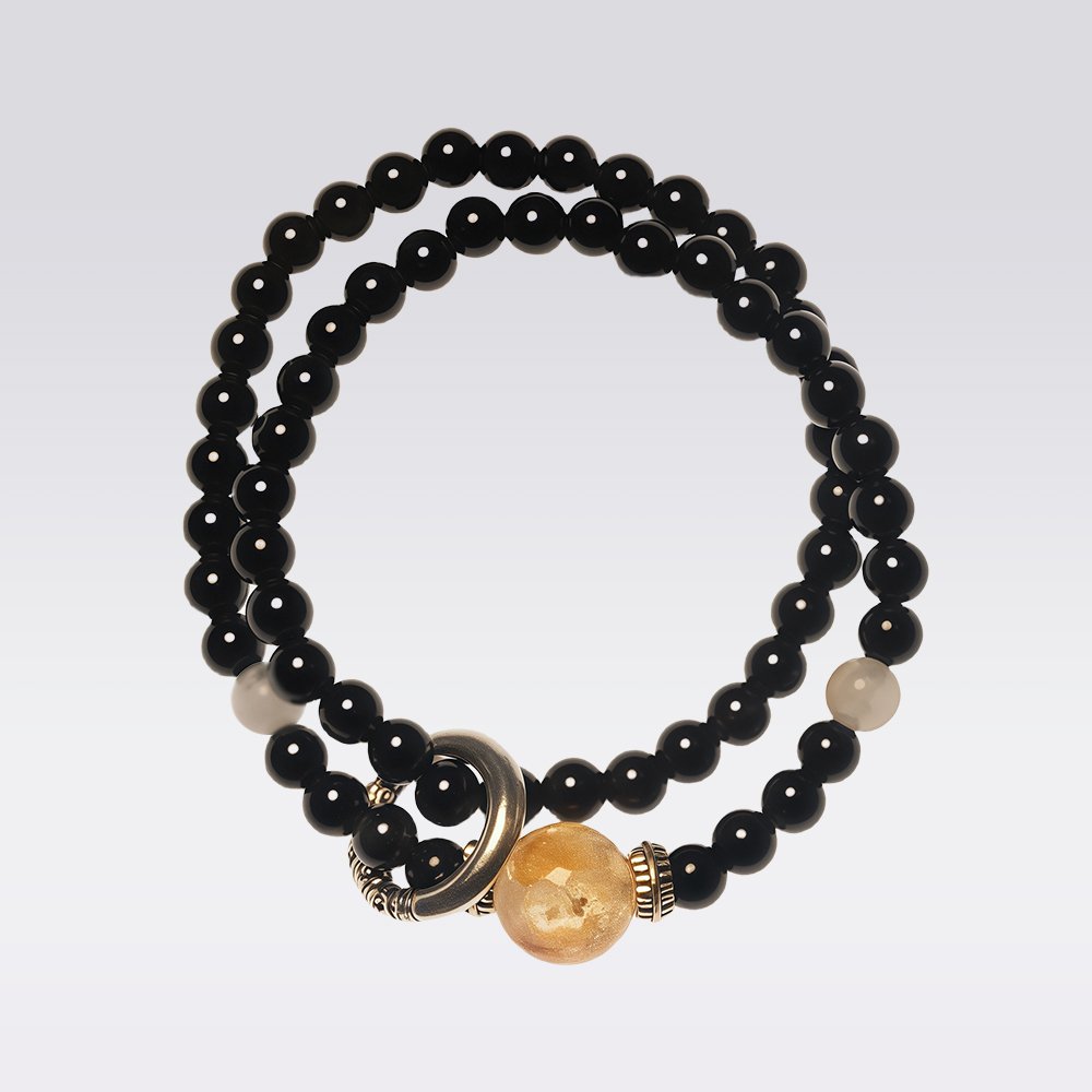 Protection & Wealth-Double Wrap Gray Moonstone &Black Agate Buddha Stone Bracelet - Image 2
