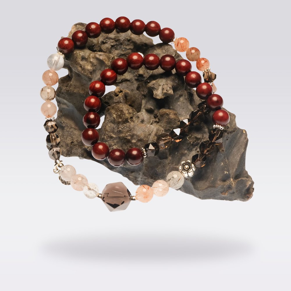 Wealth Attraction-Buddhist 2-Wrap Rosewood & Smoky Quartz Black Super 7 Bracelet