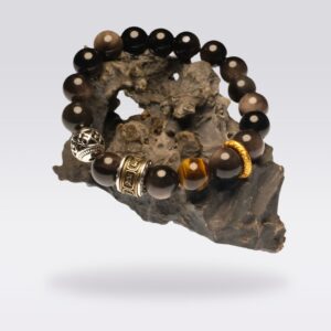 Tibetan Protection-Buddhist Silver Sheen Obsidian & Tiger Eye Mantra Bracelet