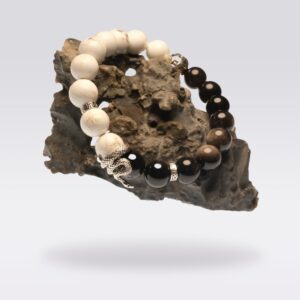 Energy & Protection-Buddhist Obsidian & White Turquoise with Silver Snake Bracelet